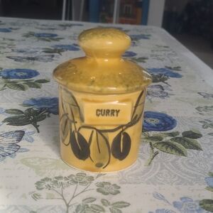 Yellow Ceramic Curry Jar with Olive Motif - Unbranded